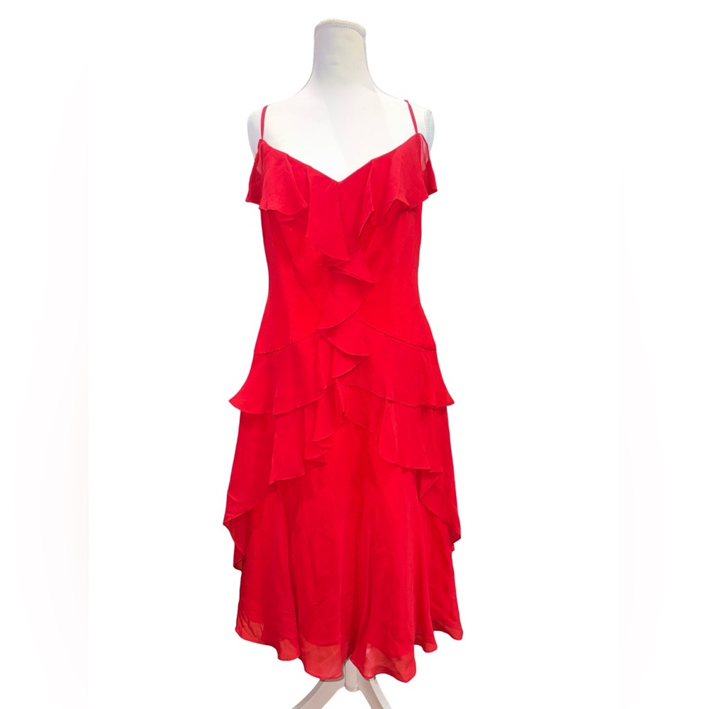 Y2K Red Silk Ruffle Midi Dress Spaghetti Strap Flowy Romantic Size 10